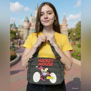Mickey Mouse Denim Crossbody Bag - Grey with Red Logo